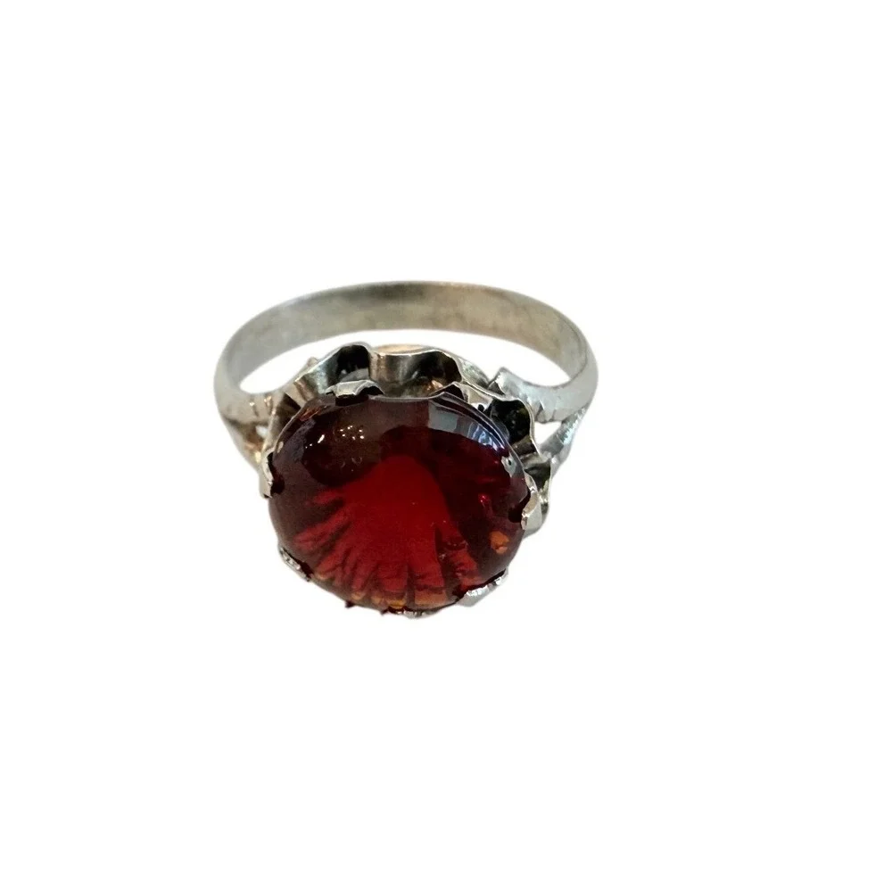 Unbranded Red Stone‎ Crown Ring Kids Size 2.5 Silver Tone Good Vintage Statement